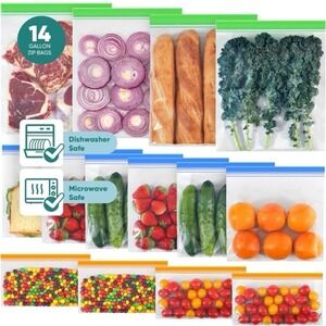 New Lerine 14 Pack Reusable Freezer Bags Dishwasher Microwave Safe, Leakproof Ex
